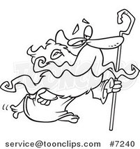 Cartoon Black and White Line Drawing of Father Time with a Cane by Toonaday