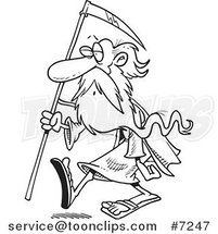 Cartoon Black and White Line Drawing of Father Time Carrying a Scythe by Toonaday