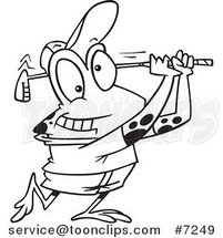 Cartoon Black and White Line Drawing of a Frog Golfing by Toonaday