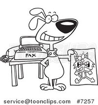 Cartoon Black and White Line Drawing of a Dog Holding a Fax of a Cat by Toonaday