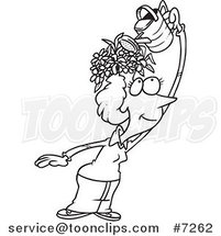 Cartoon Black and White Line Drawing of a Fertile Lady Watering the Flowers on Her Head by Toonaday