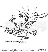 Cartoon Black and White Line Drawing of a Business Man Running Fearfully by Toonaday