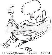 Cartoon Black and White Line Drawing of a Frog Chef Mixing Flies by Toonaday