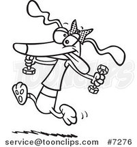 Cartoon Black and White Line Drawing of a Healthy Dog Running with Dumbbells by Toonaday