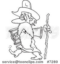 Cartoon Black and White Line Drawing of Father Time Carrying an Hourglass by Toonaday