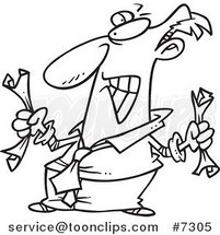 Cartoon Black and White Line Drawing of a Fed up Business Man Crumpling Paper by Toonaday