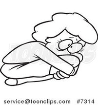 Cartoon Black and White Line Drawing of a Scared Lady Curled up in a Fetal Position by Toonaday