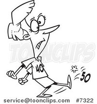 Cartoon Black and White Line Drawing of a Lady Wearing a 40 Shirt and Kicking 50 by Toonaday