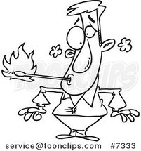 Cartoon Black and White Line Drawing of a Fire Eater Holding a Match in His Mouth by Toonaday