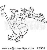 Cartoon Black and White Line Drawing of a Fire Breathing Dragon in Flight by Toonaday