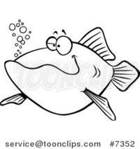 Cartoon Black and White Line Drawing of a Happy Fish by Toonaday