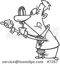 Cartoon Black and White Line Drawing of a Business Man Using a Magnifying Glass to Read the Fine Print by Toonaday