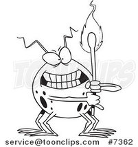 Cartoon Black and White Line Drawing of a Fire Bug Holding a Match by Toonaday