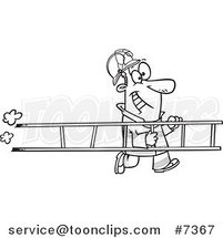Cartoon Black and White Line Drawing of a Fire Fighter Carrying a Ladder by Toonaday