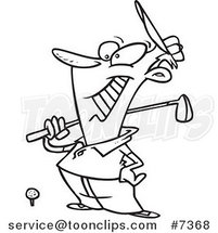 Cartoon Black and White Line Drawing of a Guy Grinning at the Golf Course by Toonaday