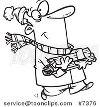 Cartoon Black and White Line Drawing of a Winter Guy Carrying Firewood by Toonaday