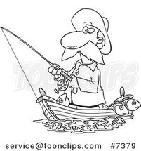 Cartoon Black and White Line Drawing of a Fisher Man Standing in His Boat by Toonaday