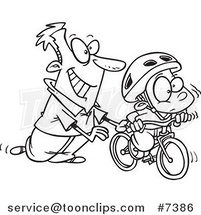 Cartoon Black and White Line Drawing of a Father Teaching His Boy to Ride a Bike by Toonaday