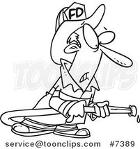 Cartoon Black and White Line Drawing of a Fire Fighter Carrying a Hose by Toonaday