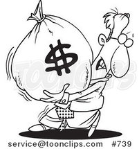 Cartoon Line Art Design of a Business Man Carrying a Heavy Money Bag by Toonaday
