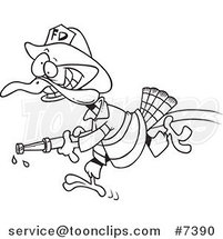 Cartoon Black and White Line Drawing of a Fire Fighter Turkey Carrying a Hose by Toonaday
