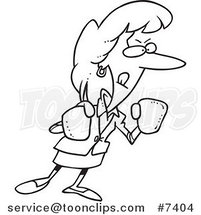 Cartoon Black and White Line Drawing of a Feisty Business Woman Wearing Boxing Gloves by Toonaday