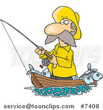 Cartoon Fisher Man Standing in His Boat by Toonaday