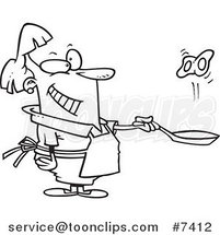 Cartoon Black and White Line Drawing of a Lady Flipping Eggs in a Frying Pan by Toonaday