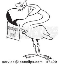 Cartoon Black and White Line Drawing of a Flamingo Holding a Flamingos Rule Sign by Toonaday