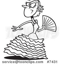 Cartoon Black and White Line Drawing of a Beautiful Flamenco Dancer by Toonaday