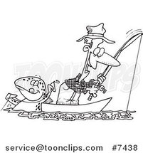 Cartoon Black and White Line Drawing of a Fish Tugging on a Guy's Line by Toonaday