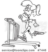 Cartoon Black and White Line Drawing of a Sweaty Lady Running on a Treadmill by Toonaday