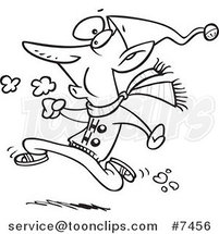 Cartoon Black and White Line Drawing of a Fit Elf Running by Toonaday