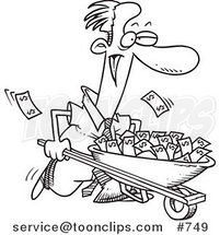 Cartoon Line Art Design of a Business Man Pushing a Wheelbarrow Full of Cash by Toonaday
