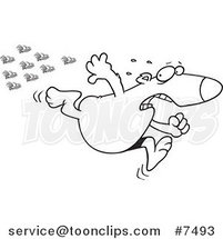 Cartoon Black and White Line Drawing of a Bear Fleeing from Bees by Toonaday