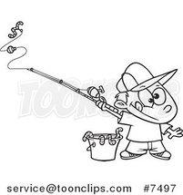Cartoon Black and White Line Drawing of a Fishing Boy with a Bucket of Worms by Toonaday