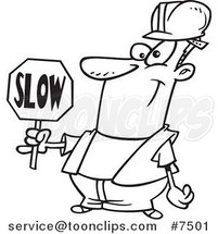 Cartoon Black and White Line Drawing of a Construction Worker Slowing down Traffic by Toonaday