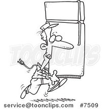 Cartoon Black and White Line Drawing of a Mover Carrying a Fridge by Toonaday