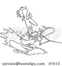 Cartoon Black and White Line Drawing of a Clumsy Guy Water Skiing by Toonaday