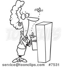 Cartoon Black and White Line Drawing of a Business Woman Watching a Moth Emerge from a Filing Cabinet by Toonaday