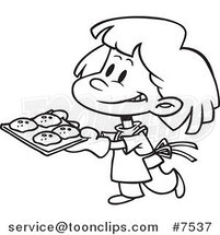 Cartoon Black and White Line Drawing of a Girl Baking Cookies by Toonaday