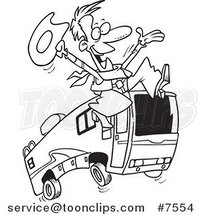 Cartoon Black and White Line Drawing of a Cowboy Leaping by a Motorhome by Toonaday