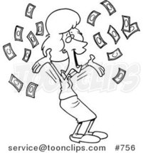 Cartoon Line Art Design of a Happy Business Woman with Falling Cash by Toonaday
