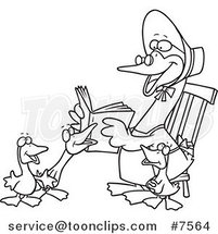 Cartoon Black and White Line Drawing of a Mother Goose Reading to Goslings by Toonaday