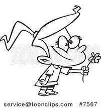 Cartoon Black and White Line Drawing of a Sweet Girl Giving a Daisy by Toonaday