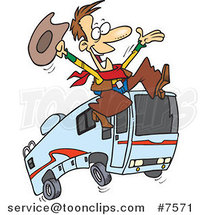 Cartoon Cowboy Leaping by a Motorhome by Toonaday