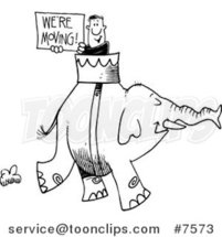 Cartoon Black and White Line Drawing of a Guy Carrying a We're Moving Sign on an Elephant by Toonaday