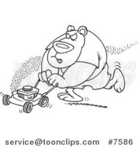 Cartoon Black and White Line Drawing of a Bear Mowing His Lawn by Toonaday
