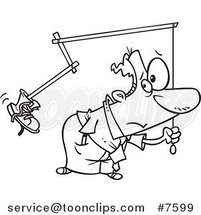 Cartoon Black and White Line Drawing of a Business Man Holding a Boot on a Stick by Toonaday