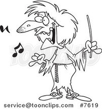 Cartoon Black and White Line Drawing of a Witchy Music Teacher by Toonaday